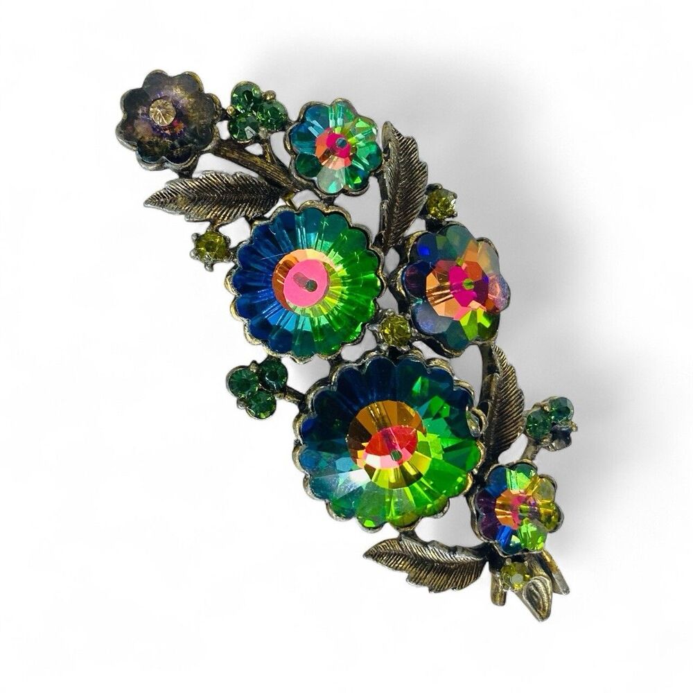 Vintage MCM Weiss Watermelon Rivoli Aurora Borealis Crystal Floral Brooch Pin